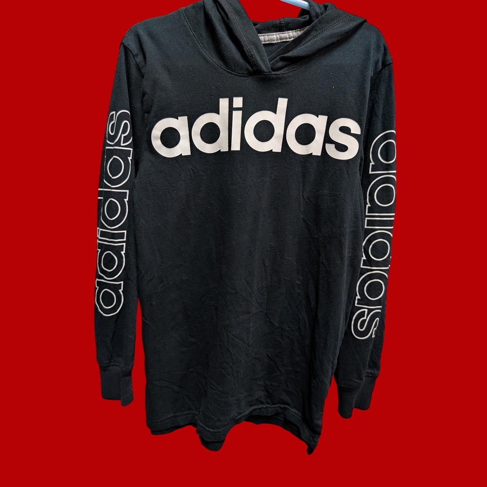Adidas Hooded T-Shirt Kids Size 7 Black Good Long Sleeve Graphic Logo Tee